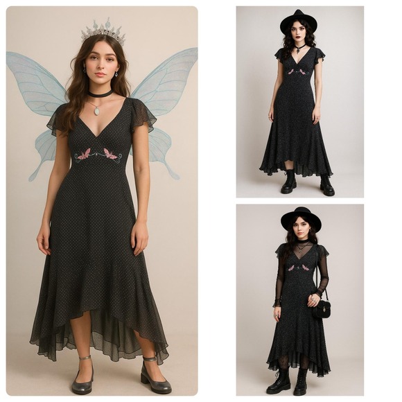 jonathan martin Dresses & Skirts - Y2K Jonathan Martin Babydoll Dress Women 12 Black Butterfly Polka Dot Asymmetric